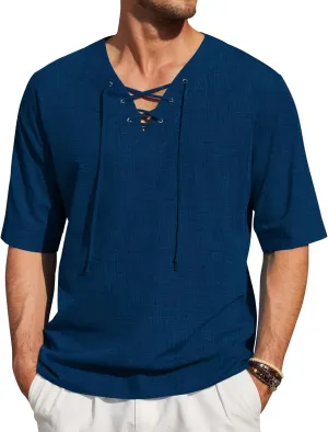 COOFANDY Men Linen Cotton Shirt Beach Lace Up V Neck Shirts Hippie Viking Meditation Tunic