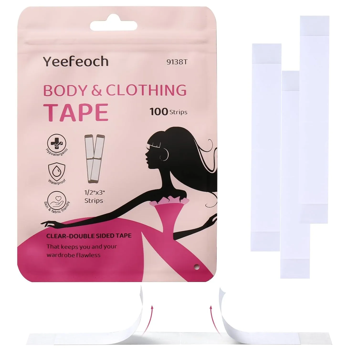 Fashion Transparent Tape Double Sided Tape for Women Clothes & Dress,Body and Boob, Seamless Style Support and Skin-Friendly Adhesive for All Fabric&Complexion (100 Strips)