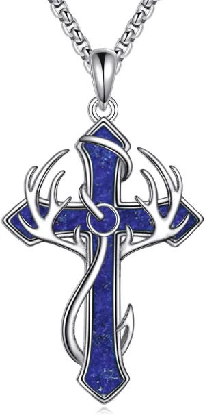 Fish Hook Cross Neckalce for Men Sterling Silver Cross Pendant Necklaces Hunting Jewelry Gifts for Men Women