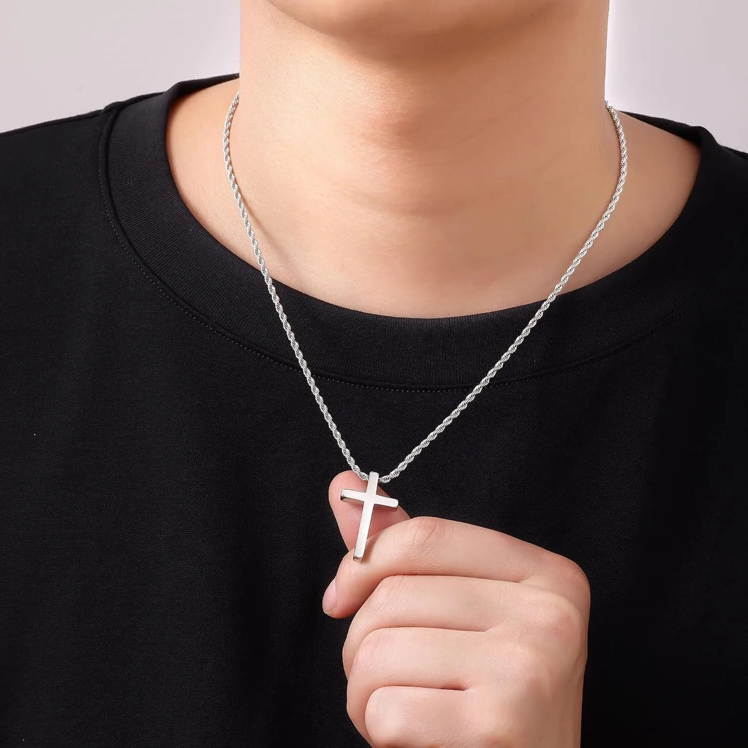 Fiusem Father's Day Gifts Cross Necklace for Men, Mens Cross Necklaces with 2.5mm Rope Chain, Stainless Steel Pendant Chain 16-28 Inch, Dad Gifts