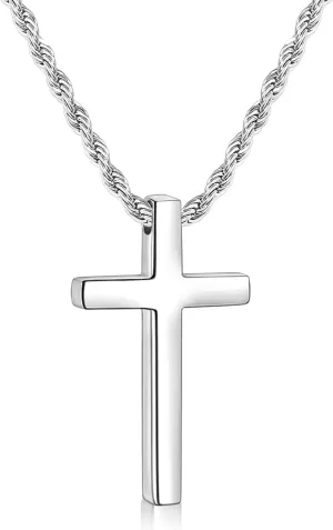 Fiusem Father's Day Gifts Cross Necklace for Men, Mens Cross Necklaces with 2.5mm Rope Chain, Stainless Steel Pendant Chain 16-28 Inch, Dad Gifts