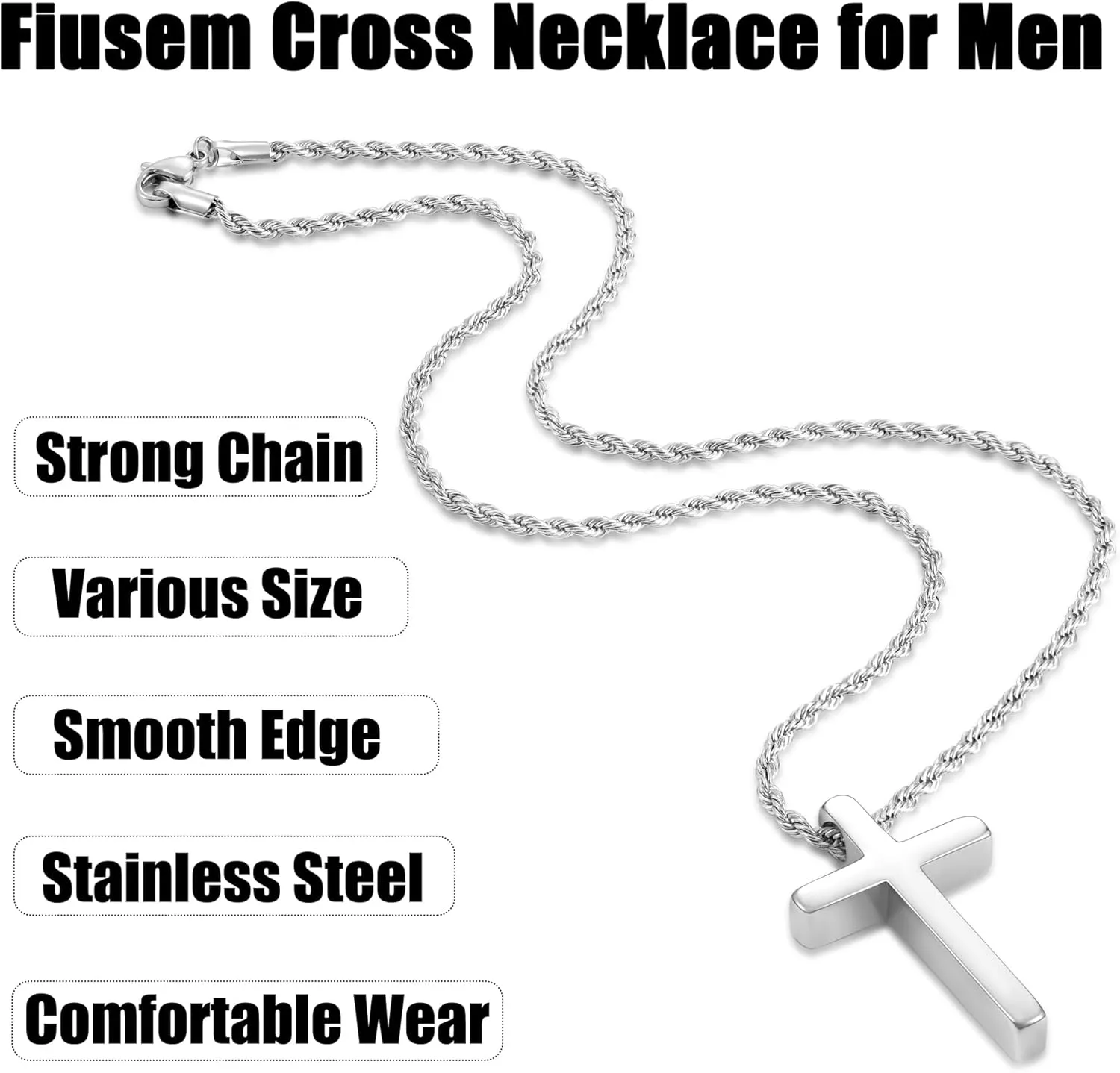 Fiusem Father's Day Gifts Cross Necklace for Men, Mens Cross Necklaces with 2.5mm Rope Chain, Stainless Steel Pendant Chain 16-28 Inch, Dad Gifts