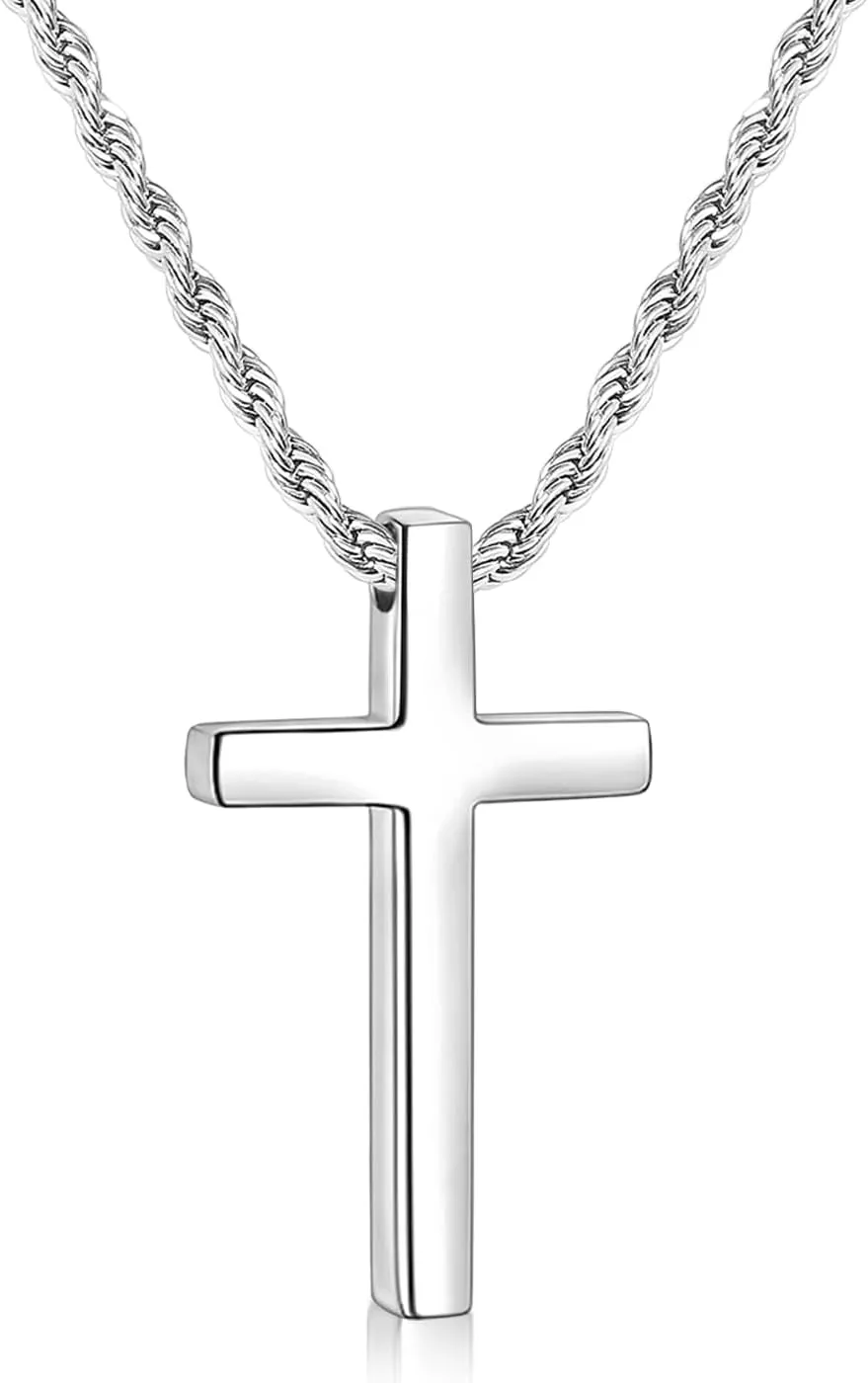 Fiusem Father's Day Gifts Cross Necklace for Men, Mens Cross Necklaces with 2.5mm Rope Chain, Stainless Steel Pendant Chain 16-28 Inch, Dad Gifts
