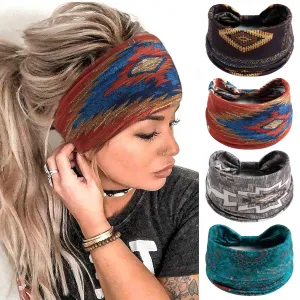 FULZTEY Boho African Headbands for Women Hair Vintage Stretchy Wide Knotted Hairbands Yoga Running Athletic Turban Stylish Pattern Hair Accessories for Women Girls 4 Pieces