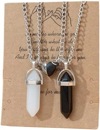 Fuqimanman2020 1 Pair Couple Love Heart Matching Split Heart Pendant Necklace Mutual Attraction Bullet Hexagonal Healing Natural Stone for him her BFF Best Friends Friendship Jewelry Gift