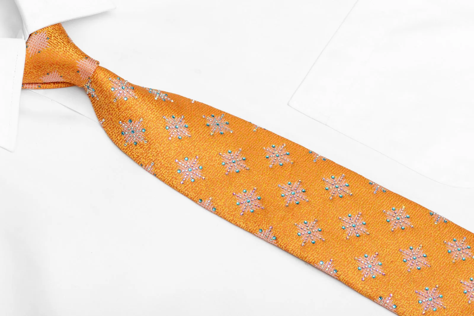 Geometric Star Snow Flakes On Orange Rhinestone SIlk Necktie