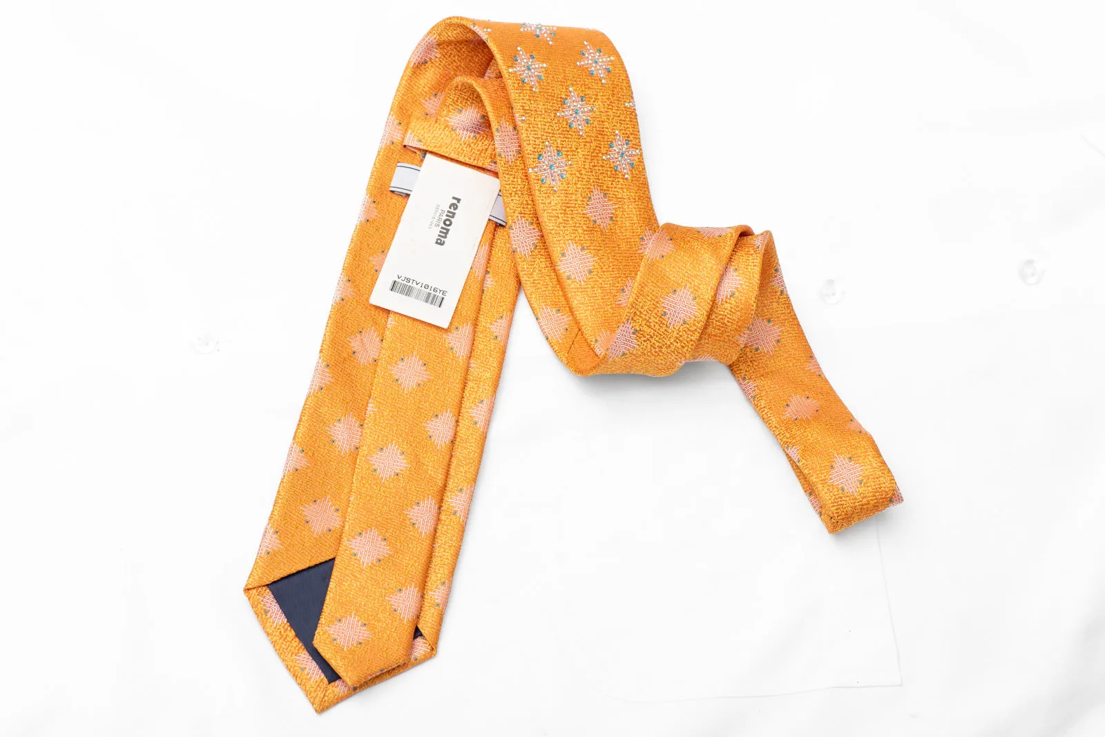 Geometric Star Snow Flakes On Orange Rhinestone SIlk Necktie