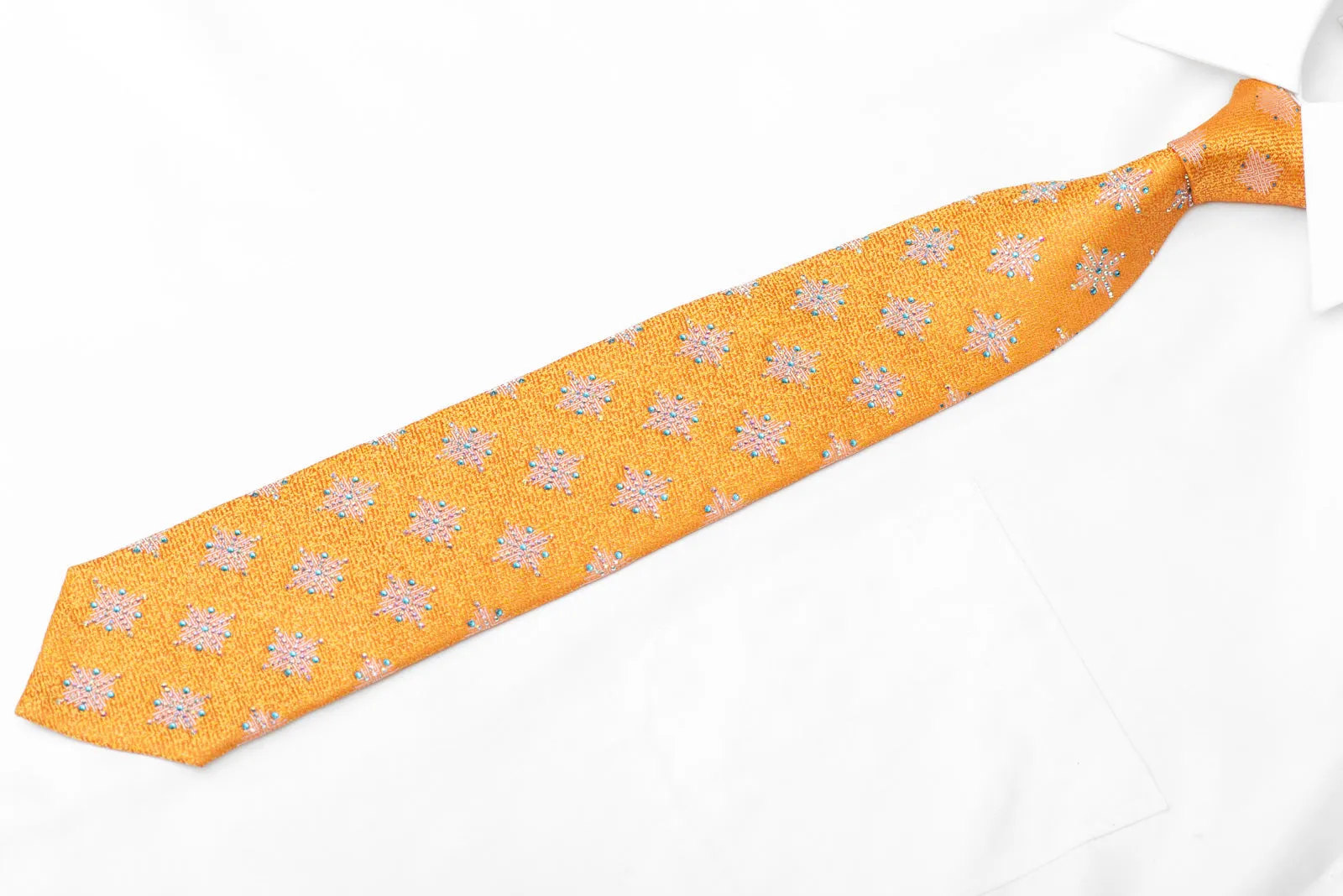 Geometric Star Snow Flakes On Orange Rhinestone SIlk Necktie