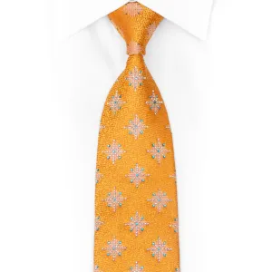 Geometric Star Snow Flakes On Orange Rhinestone SIlk Necktie