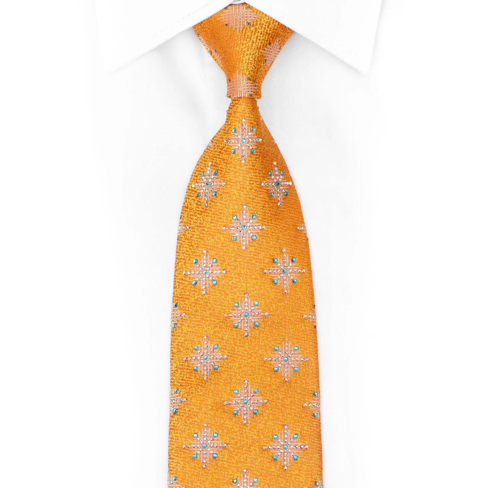 Geometric Star Snow Flakes On Orange Rhinestone SIlk Necktie