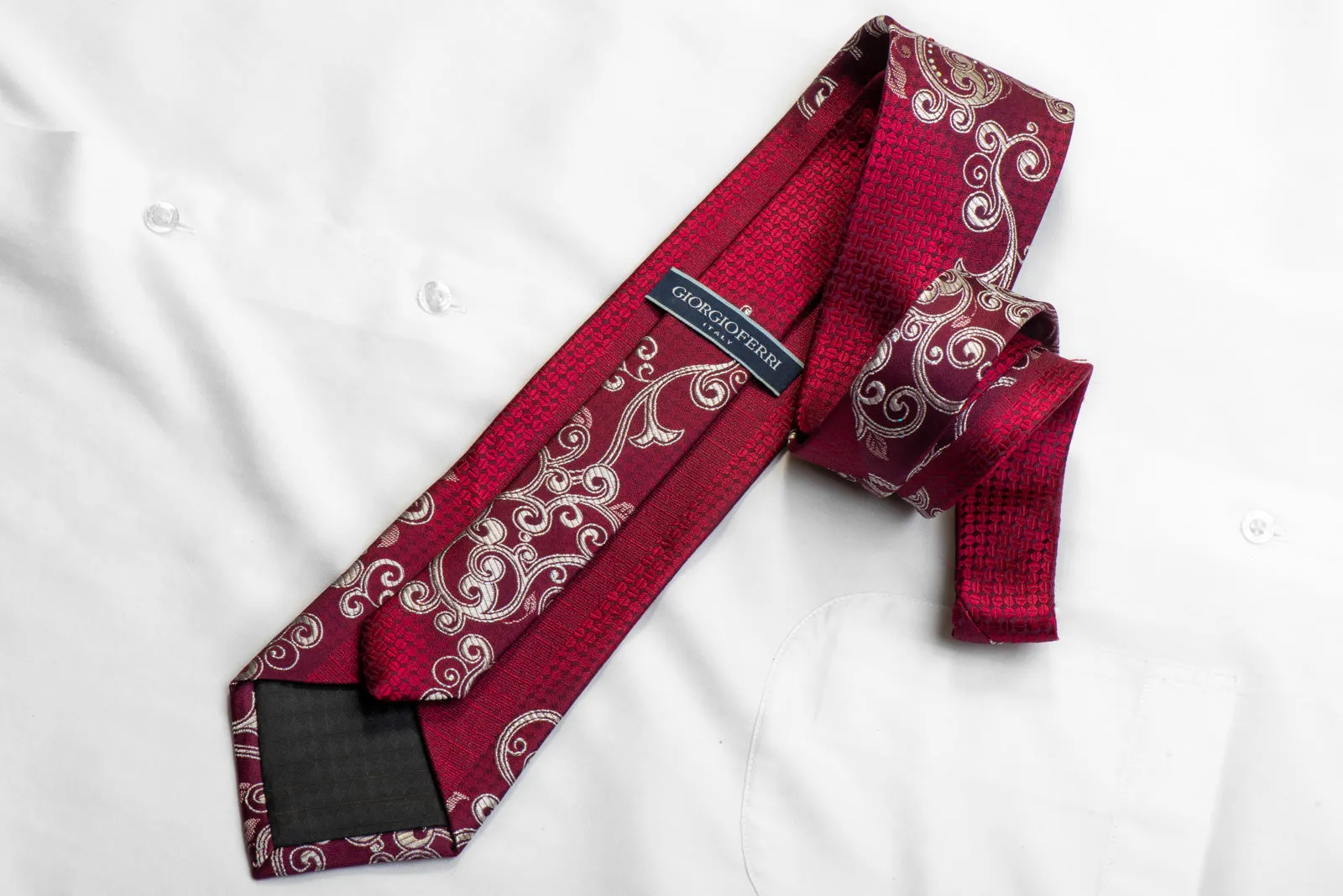 Giorgio Ferri Crystal Rhinestone Tie Silver Scrolls On Burgundy With Sparkles
