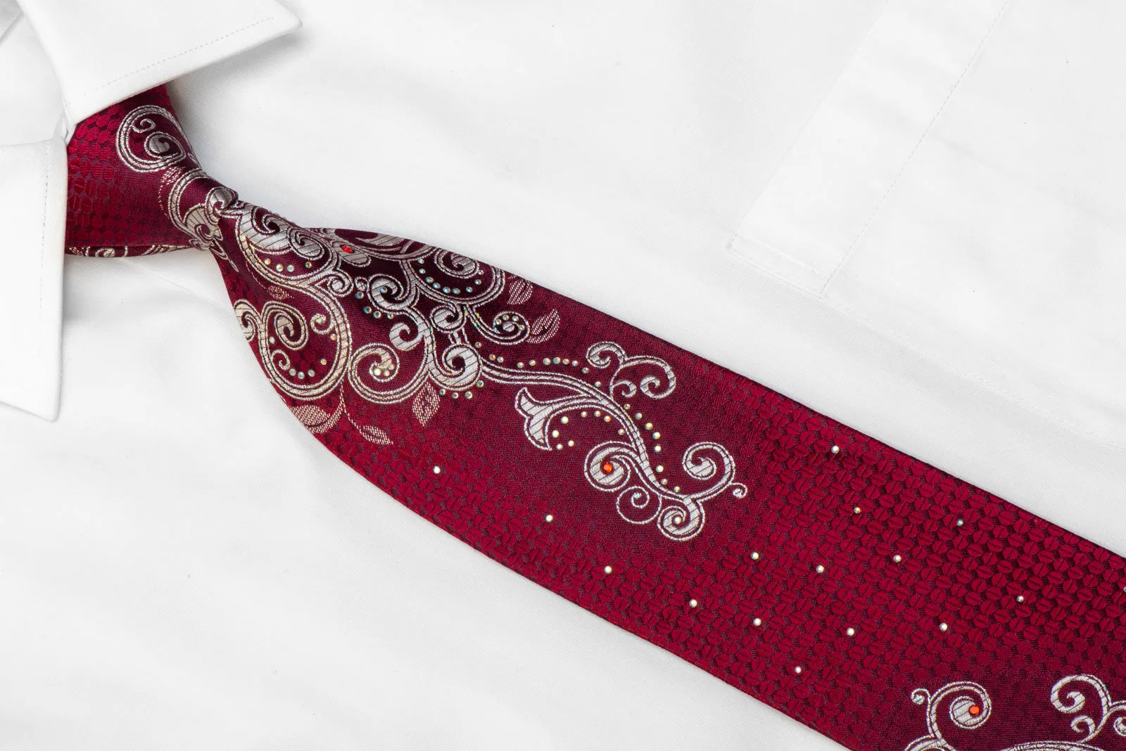 Giorgio Ferri Crystal Rhinestone Tie Silver Scrolls On Burgundy With Sparkles