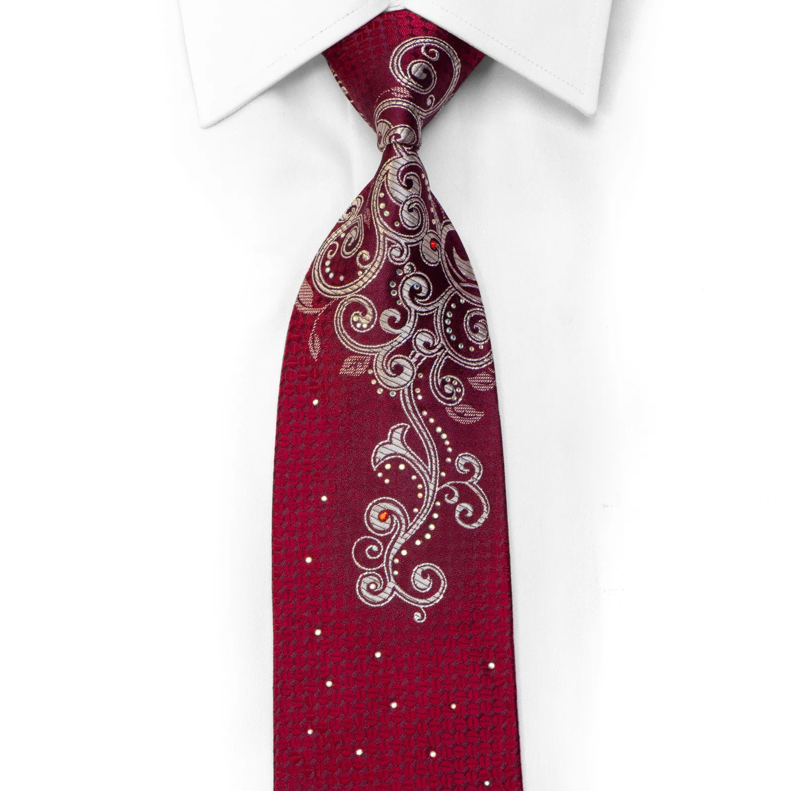 Giorgio Ferri Crystal Rhinestone Tie Silver Scrolls On Burgundy With Sparkles