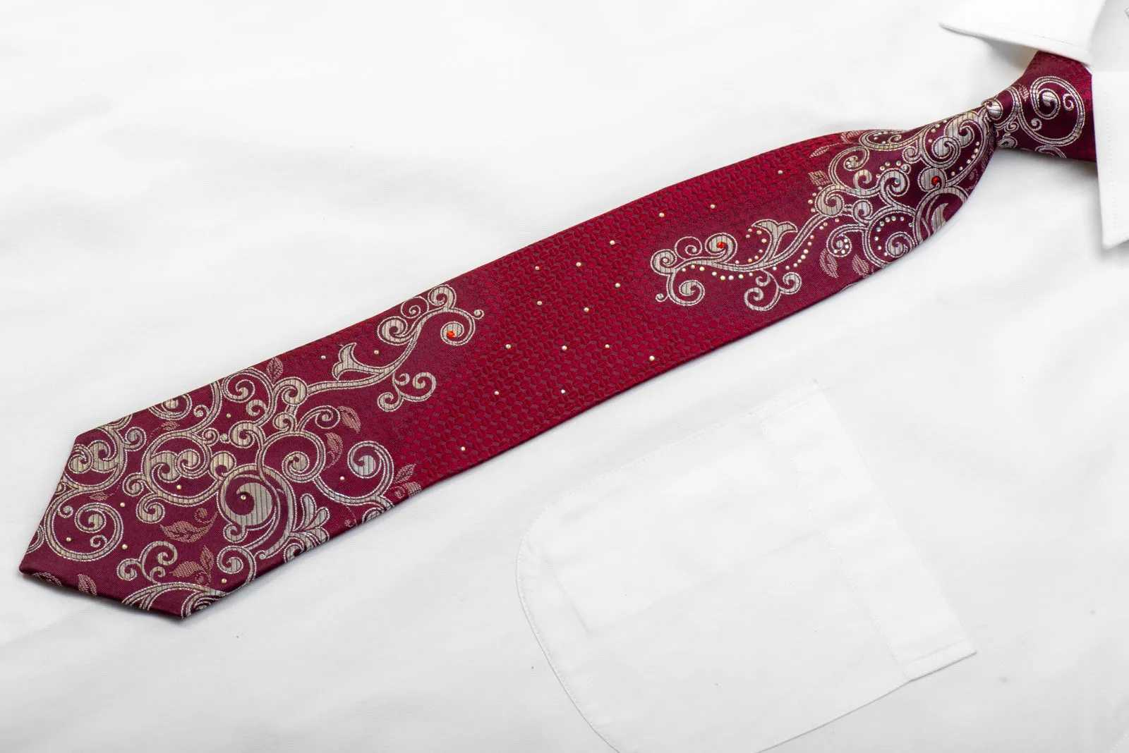 Giorgio Ferri Crystal Rhinestone Tie Silver Scrolls On Burgundy With Sparkles