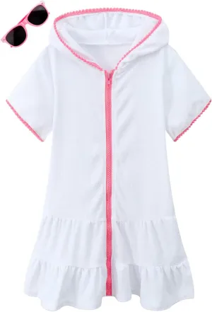 Girls Swim Cover Up Terry Swimsuit Coverup Kids Zip-Up Beach Pool Bathing Suit Wraps with Sunglasses