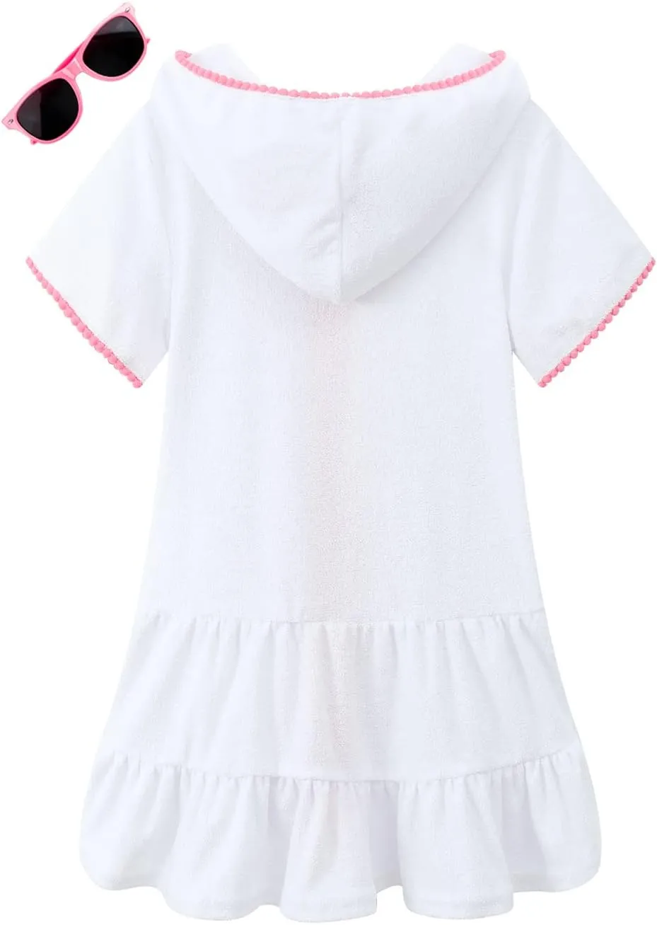 Girls Swim Cover Up Terry Swimsuit Coverup Kids Zip-Up Beach Pool Bathing Suit Wraps with Sunglasses