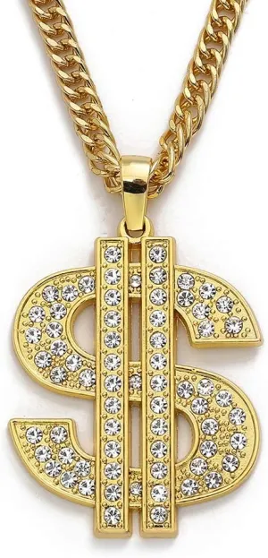 Gold Chain with Dollar Sign Big Money Necklaces for Men Women Stainless Steel Rhinestone Jewelry Fashion Pendants with 28 Inches Cuban Chain (Gold)Spinner Dollar Sign Necklaces 36 Inches