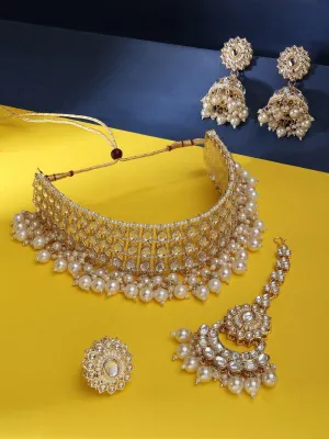 Gold-Plated White Beads Kundan Stone Choker & Pearl Beaded Jewellery Set For Women