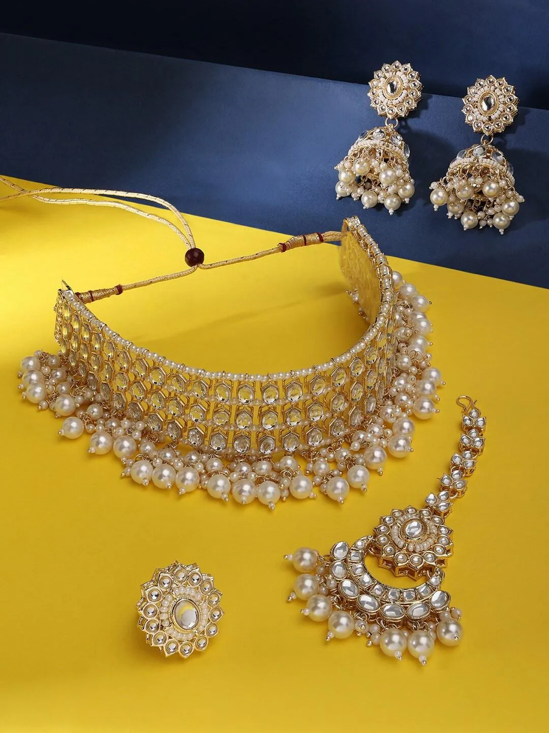 Gold-Plated White Beads Kundan Stone Choker & Pearl Beaded Jewellery Set For Women