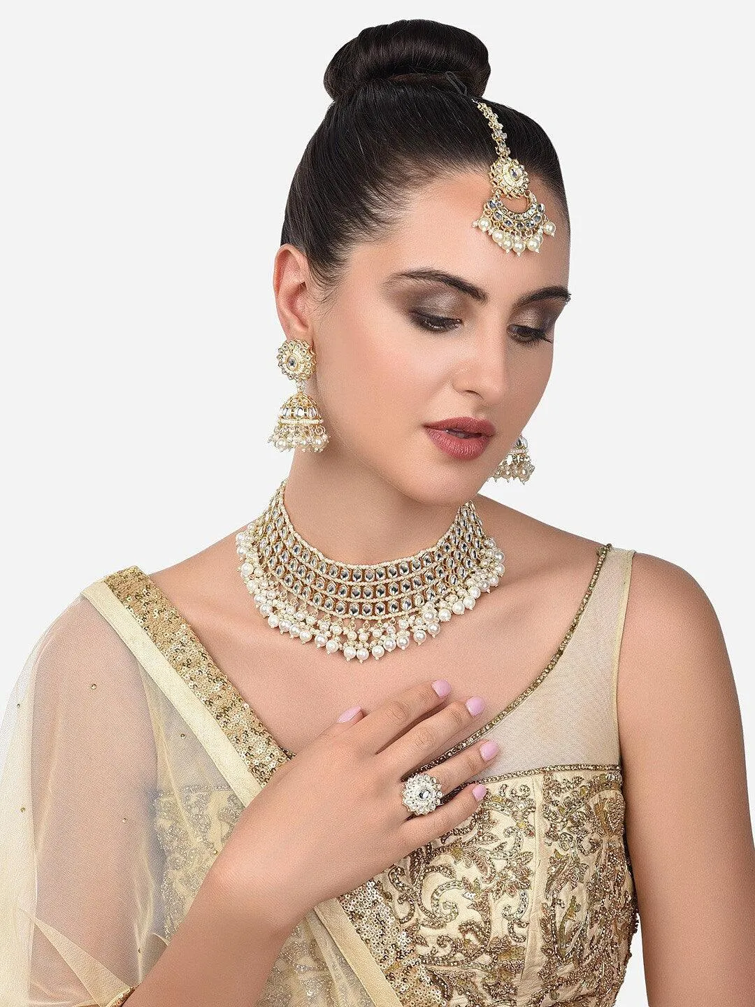 Gold-Plated White Beads Kundan Stone Choker & Pearl Beaded Jewellery Set For Women