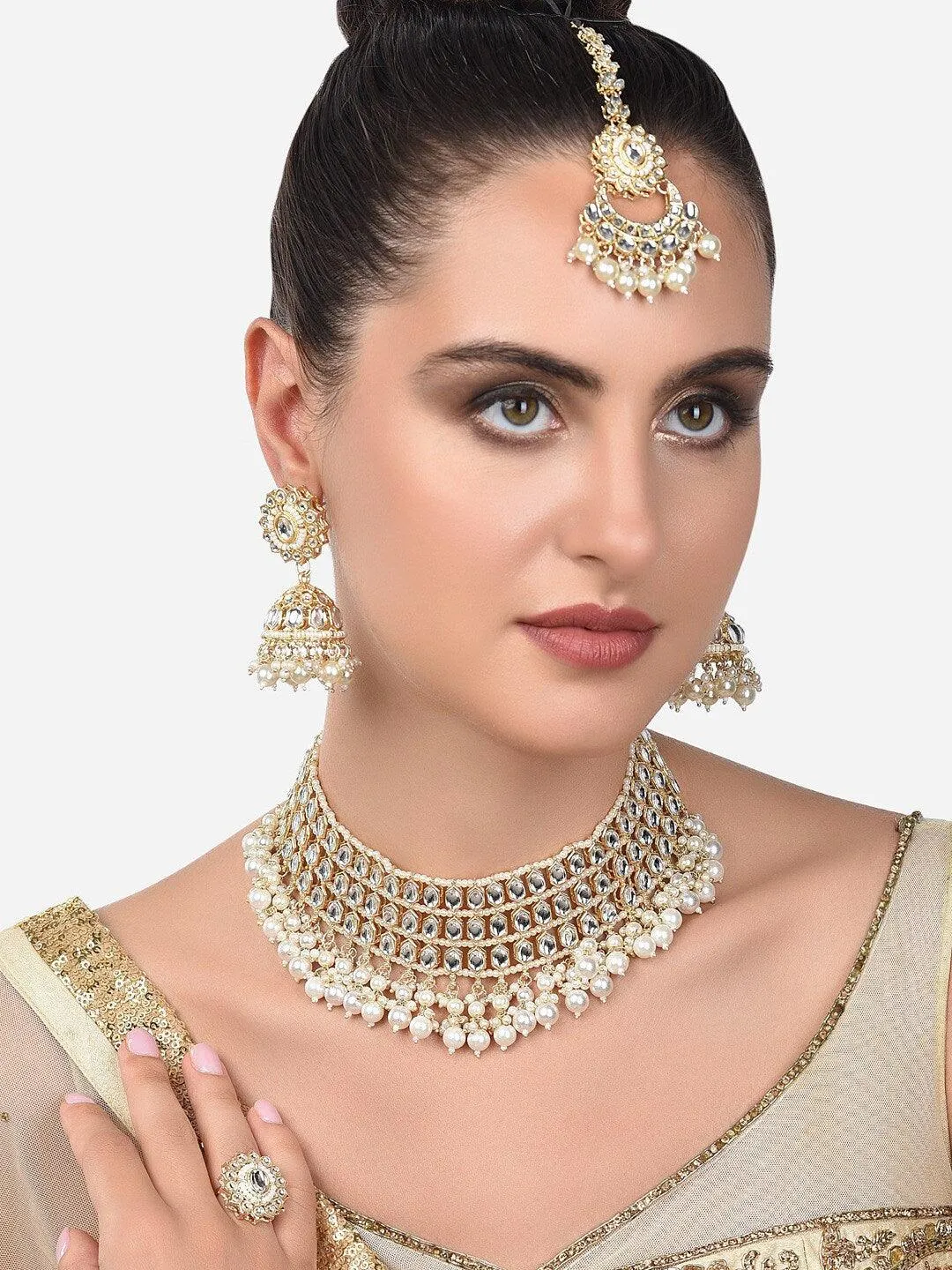 Gold-Plated White Beads Kundan Stone Choker & Pearl Beaded Jewellery Set For Women
