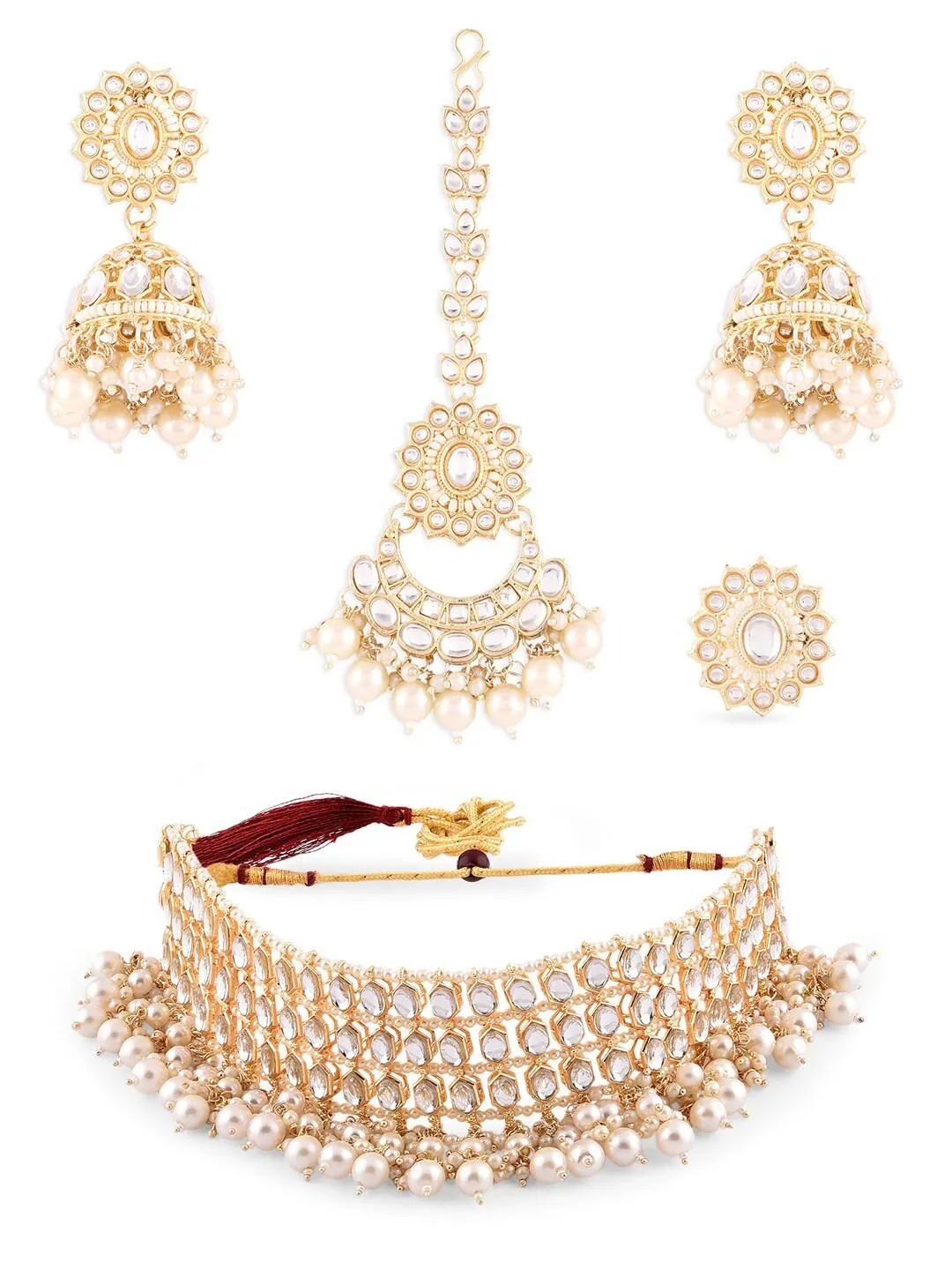 Gold-Plated White Beads Kundan Stone Choker & Pearl Beaded Jewellery Set For Women