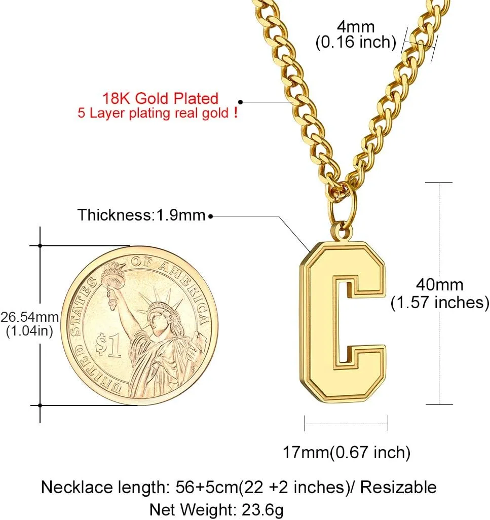 GoldChic Men Initial letter Necklace, Stainless Steel Large Initials Necklace for Sports Men Athletes, Alphabet Pendant with 4mm Cuban Chain