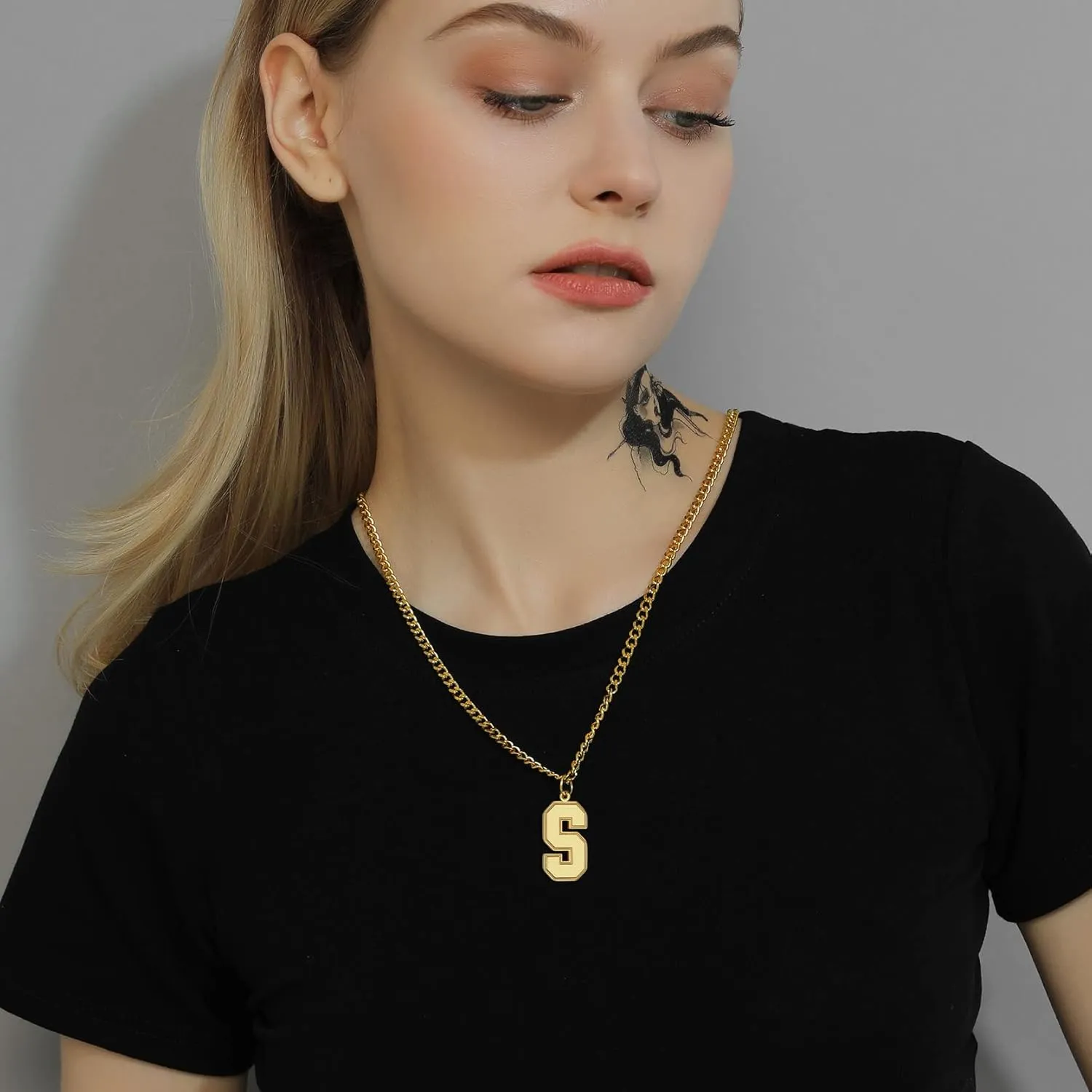 GoldChic Men Initial letter Necklace, Stainless Steel Large Initials Necklace for Sports Men Athletes, Alphabet Pendant with 4mm Cuban Chain