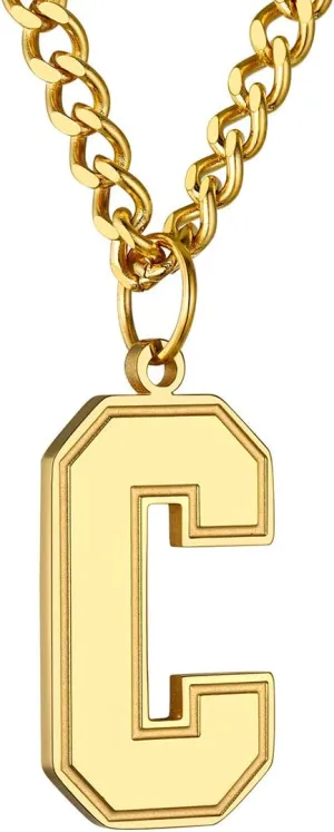 GoldChic Men Initial letter Necklace, Stainless Steel Large Initials Necklace for Sports Men Athletes, Alphabet Pendant with 4mm Cuban Chain
