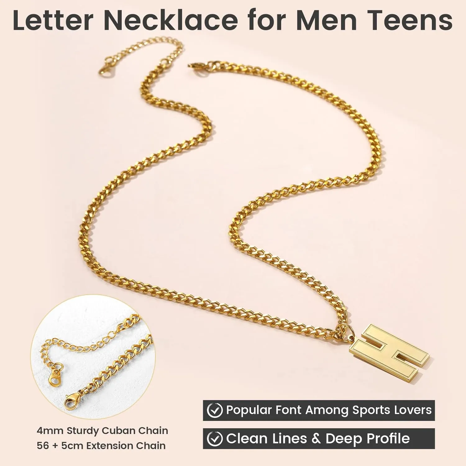 GoldChic Men Initial letter Necklace, Stainless Steel Large Initials Necklace for Sports Men Athletes, Alphabet Pendant with 4mm Cuban Chain