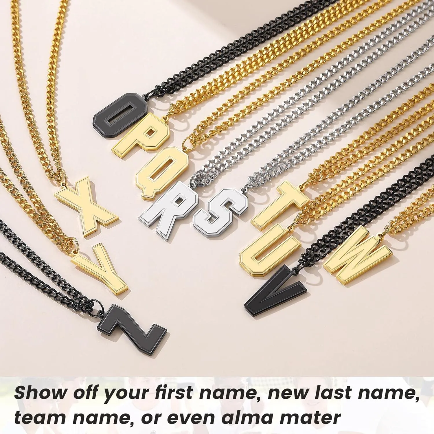 GoldChic Men Initial letter Necklace, Stainless Steel Large Initials Necklace for Sports Men Athletes, Alphabet Pendant with 4mm Cuban Chain