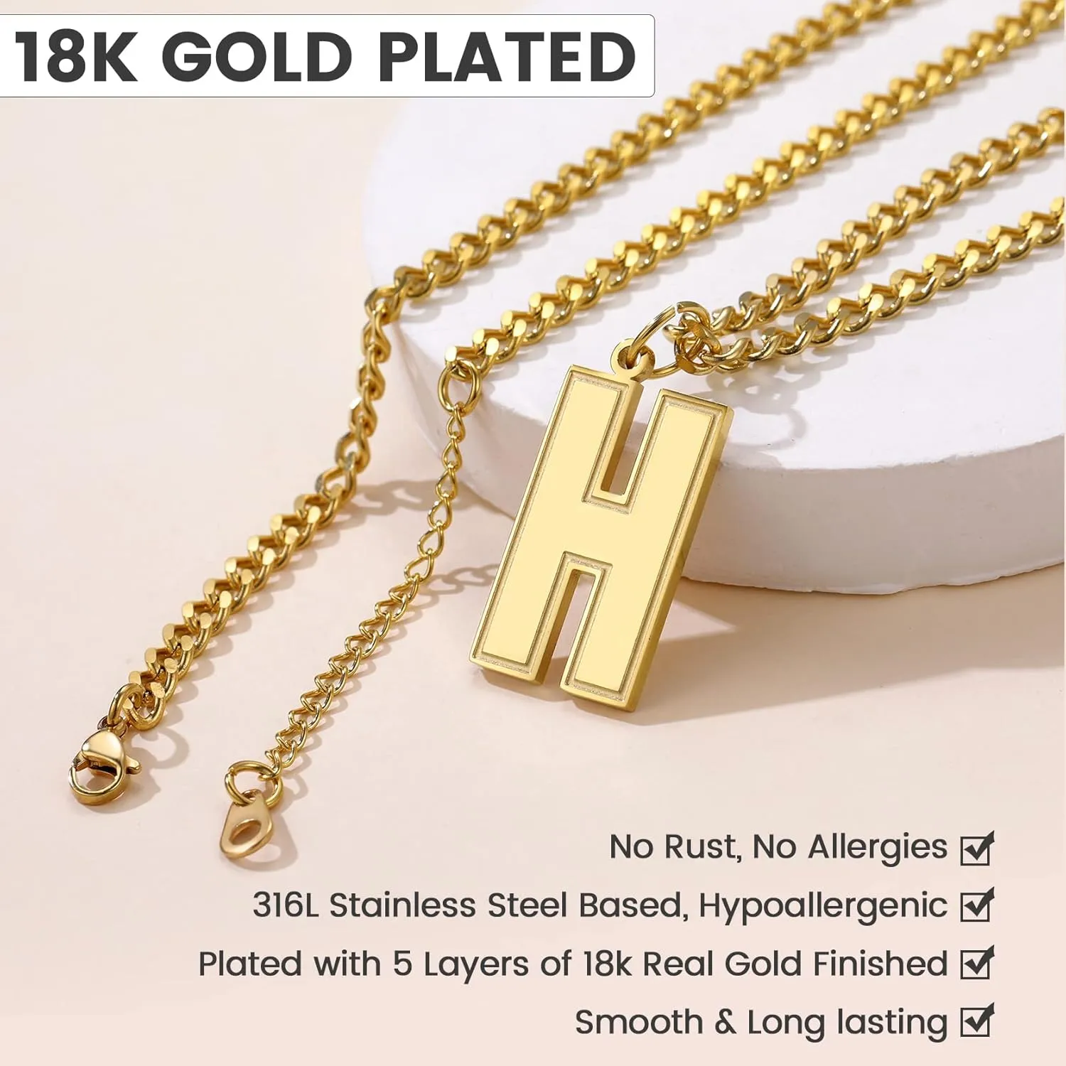GoldChic Men Initial letter Necklace, Stainless Steel Large Initials Necklace for Sports Men Athletes, Alphabet Pendant with 4mm Cuban Chain