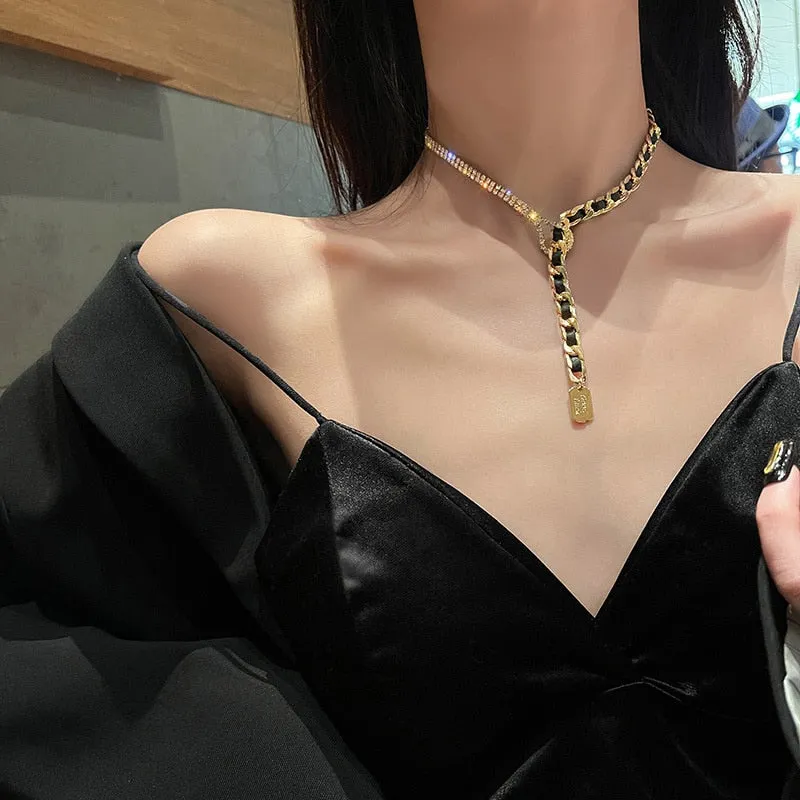 Golden Chain Choker Necklaces for Women Long Tassel Rhinestones Necklaces