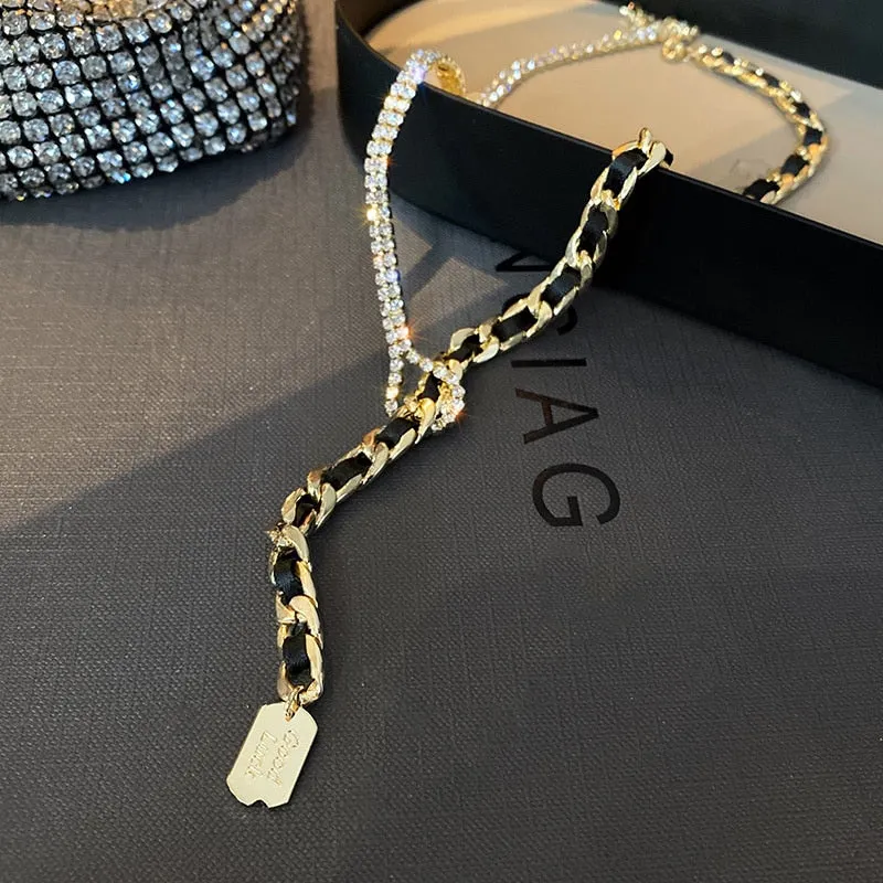 Golden Chain Choker Necklaces for Women Long Tassel Rhinestones Necklaces