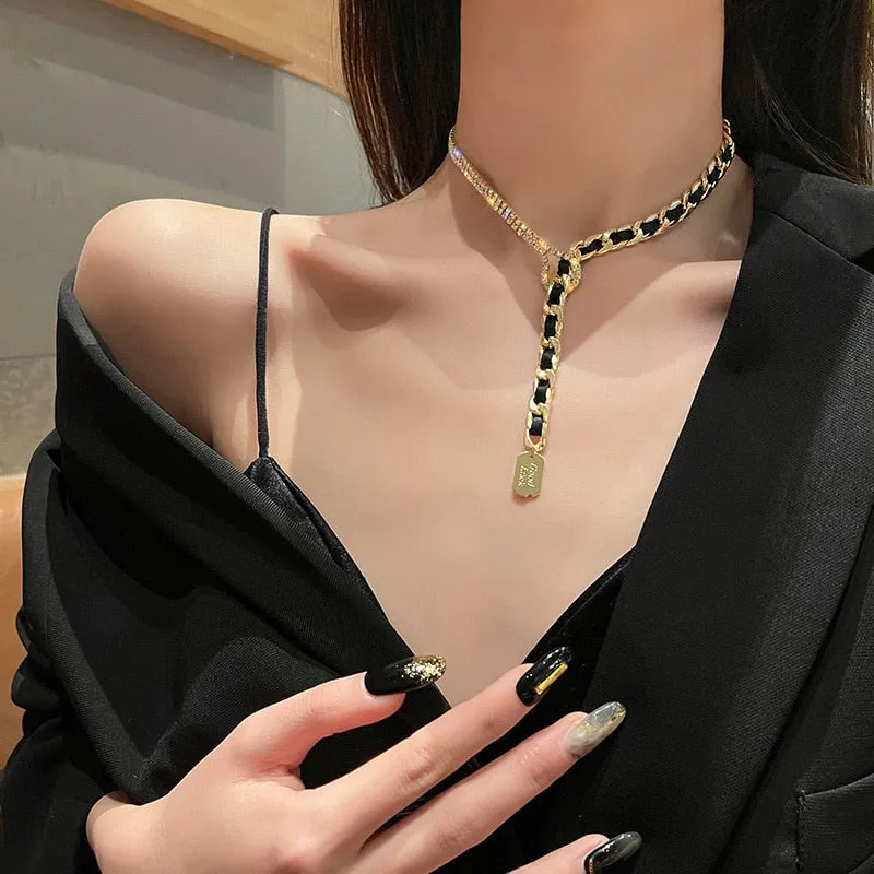 Golden Chain Choker Necklaces for Women Long Tassel Rhinestones Necklaces