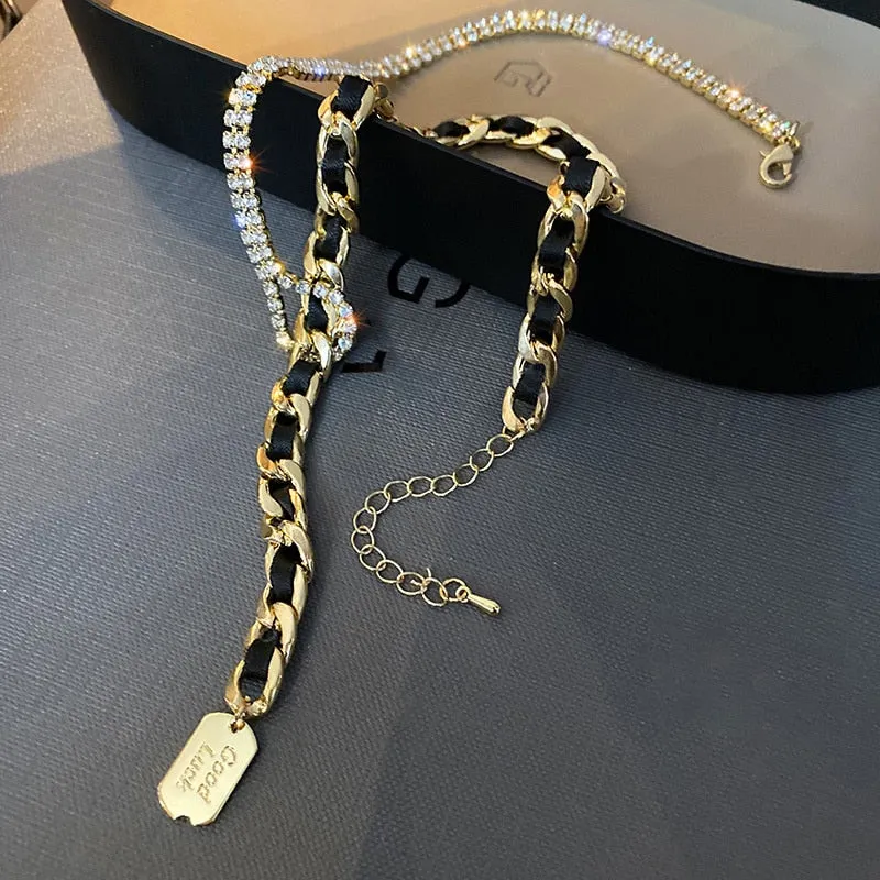 Golden Chain Choker Necklaces for Women Long Tassel Rhinestones Necklaces