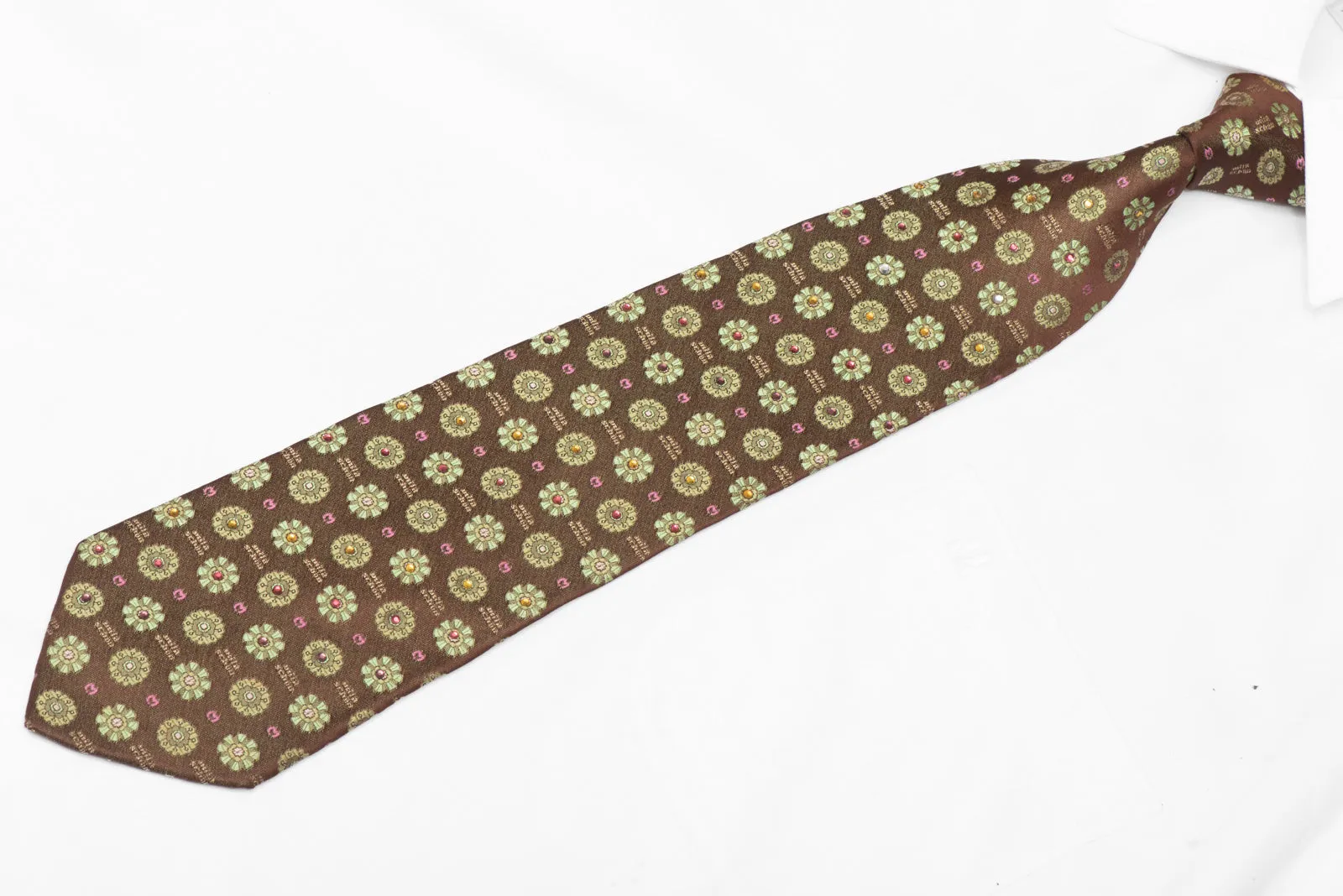 Green Foulard On Brown Rhinestone Silk Necktie With Silver Sparkles