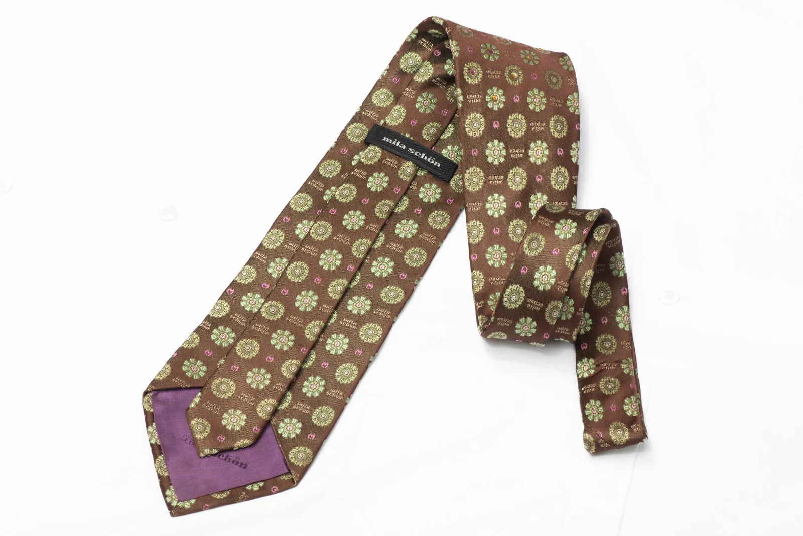 Green Foulard On Brown Rhinestone Silk Necktie With Silver Sparkles