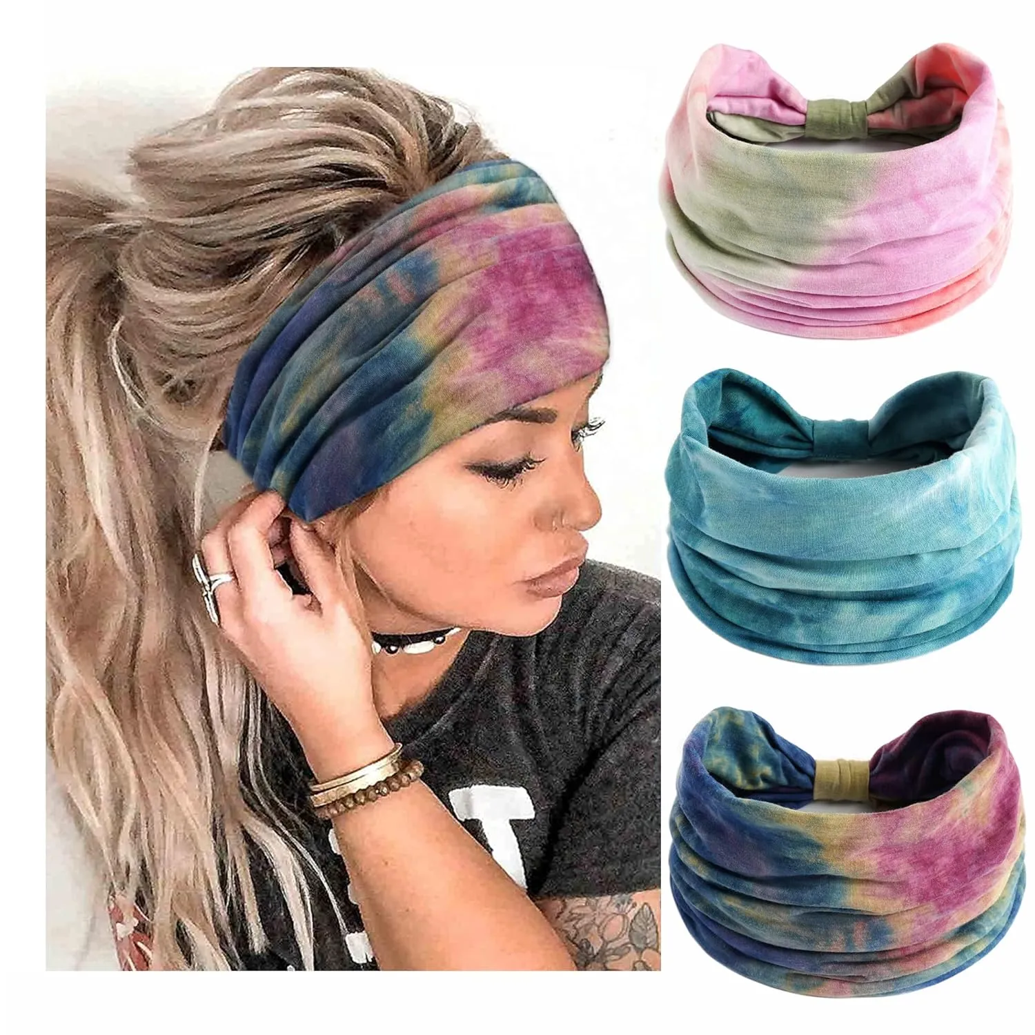 Headbands Fashion Hair Bands Soft Head Bands Elastic Headband Non Slip Wrap Headbands Breathable SweatBand Tie Dye Hairband Accessories for Women Daily 3 Pack