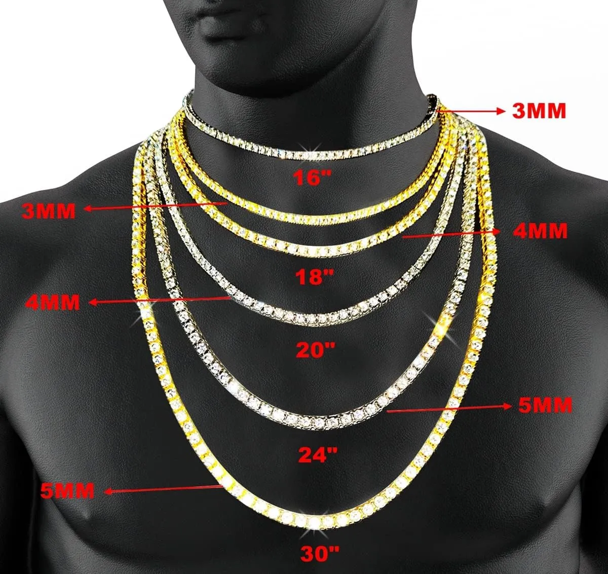HH BLING EMPIRE Gold Silver Iced Out Diamond Tennis Chain Necklace for Men Women, Rhinestone Tennis Necklaces for Women and Teens, Tennis and Cuban Link Chains 18-30 Inches