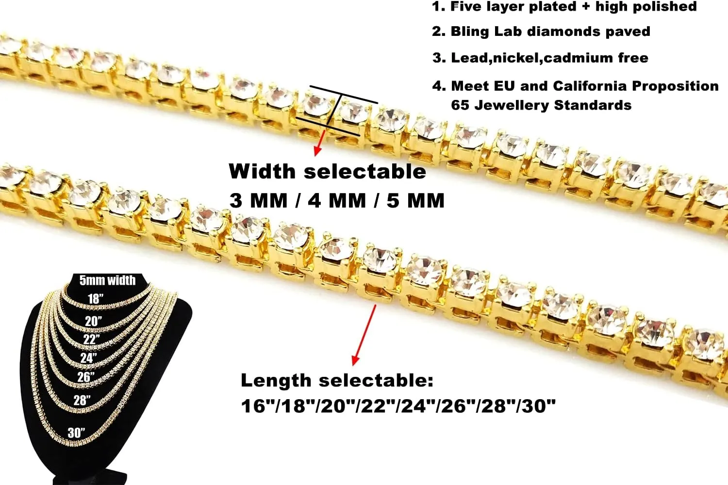 HH BLING EMPIRE Gold Silver Iced Out Diamond Tennis Chain Necklace for Men Women, Rhinestone Tennis Necklaces for Women and Teens, Tennis and Cuban Link Chains 18-30 Inches