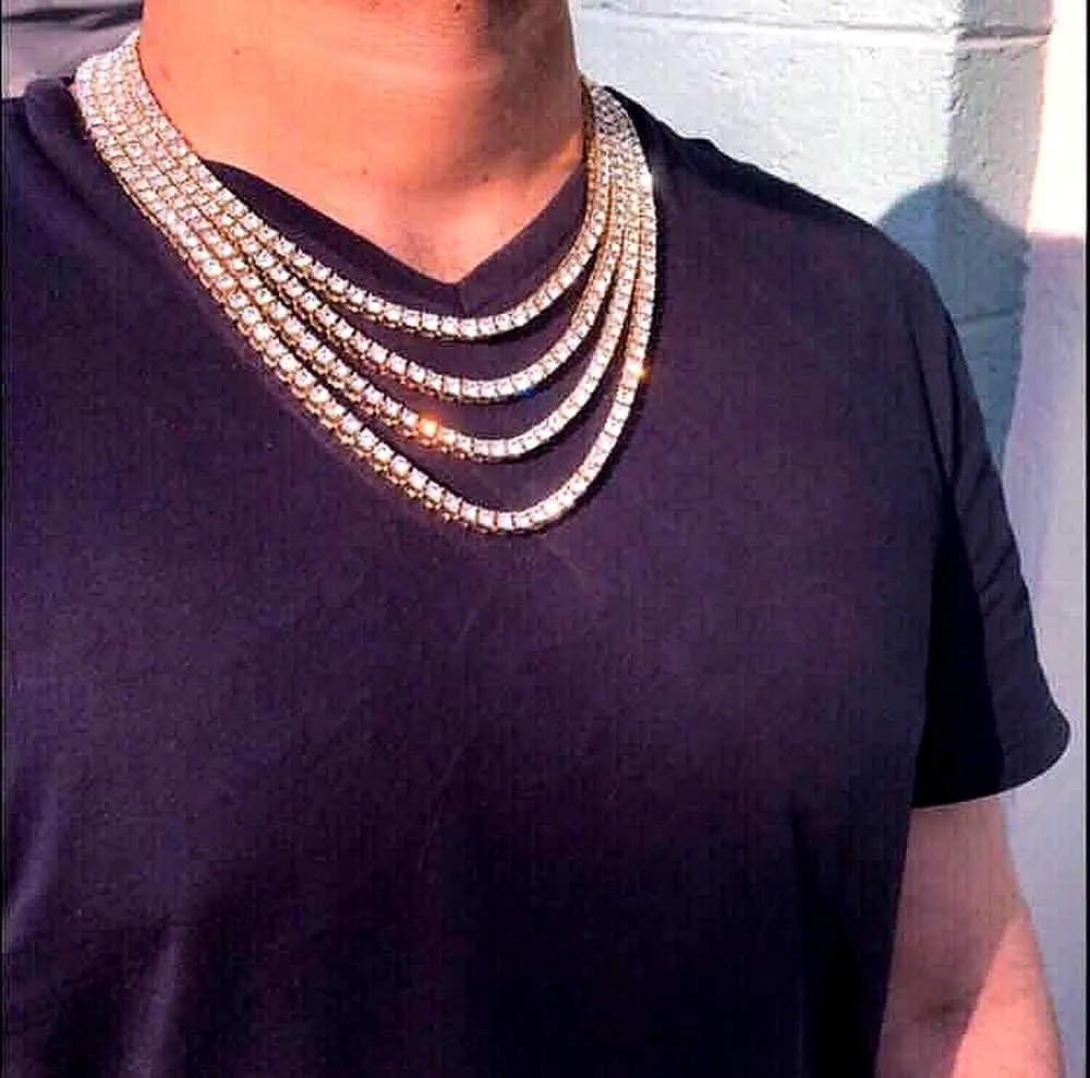 HH BLING EMPIRE Gold Silver Iced Out Diamond Tennis Chain Necklace for Men Women, Rhinestone Tennis Necklaces for Women and Teens, Tennis and Cuban Link Chains 18-30 Inches