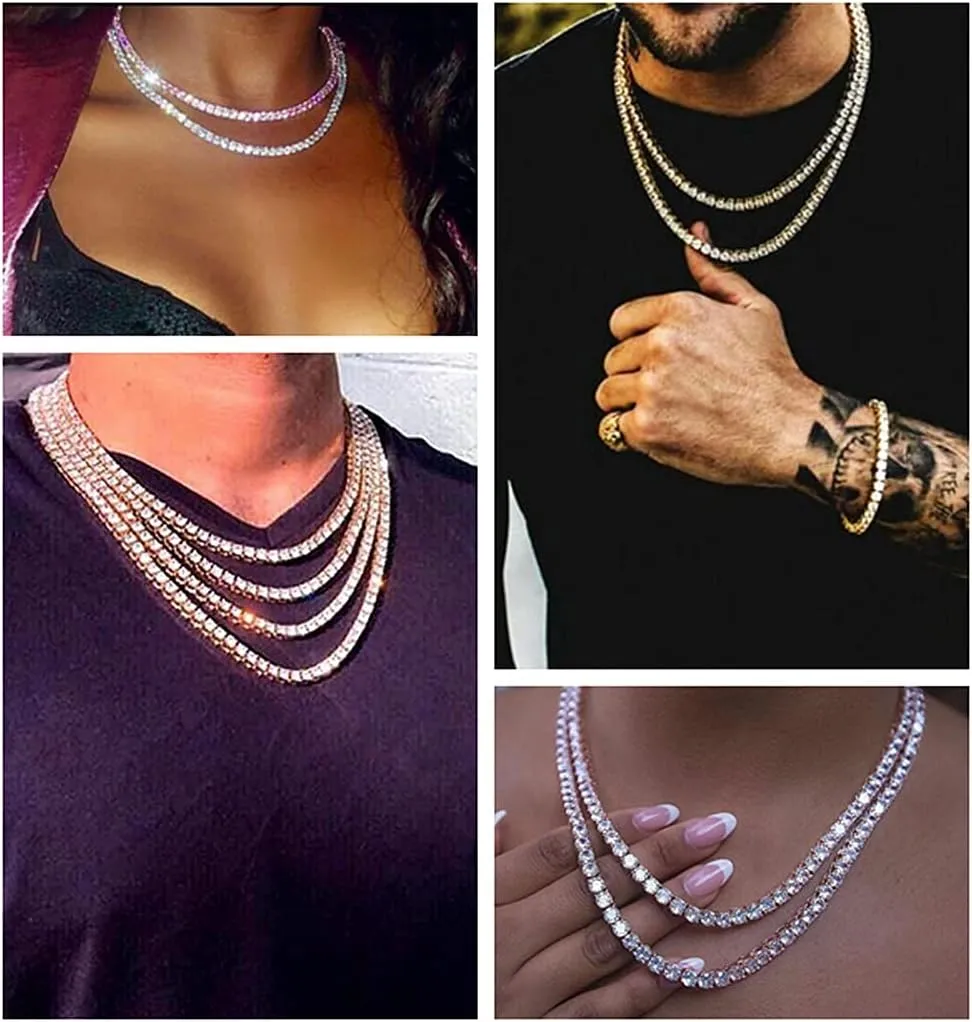 HH BLING EMPIRE Gold Silver Iced Out Diamond Tennis Chain Necklace for Men Women, Rhinestone Tennis Necklaces for Women and Teens, Tennis and Cuban Link Chains 18-30 Inches