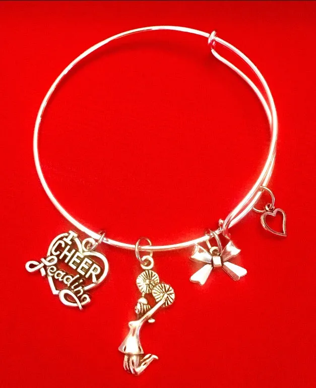 I Love Cheerleading Charm Bracelet with Bow - Silver