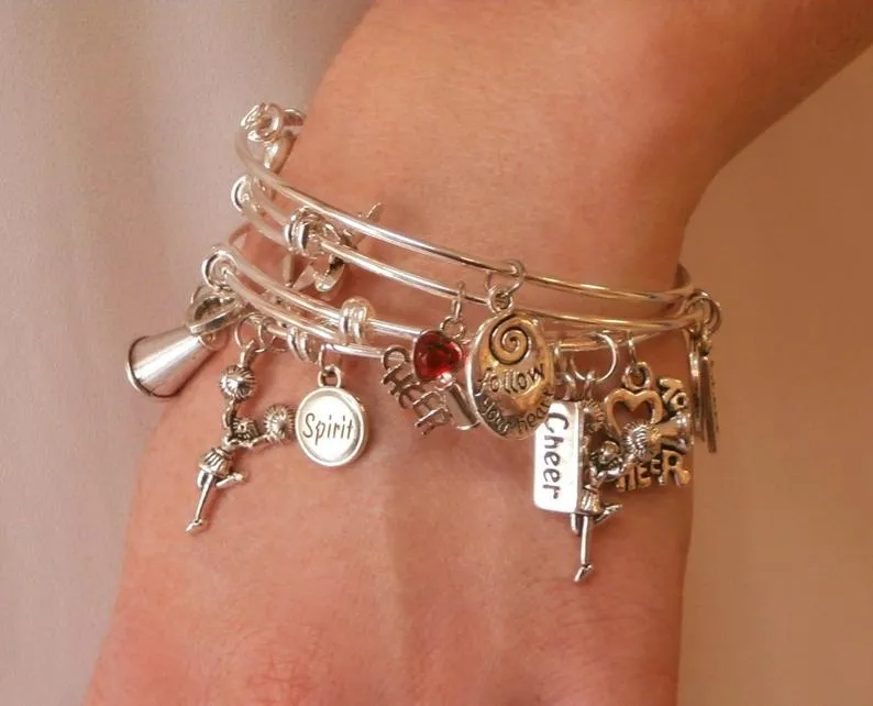 I Love Cheerleading Charm Bracelet with Bow - Silver