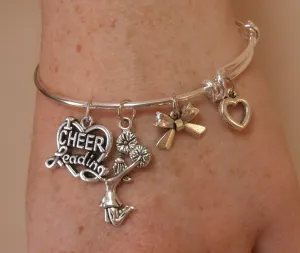 I Love Cheerleading Charm Bracelet with Bow - Silver