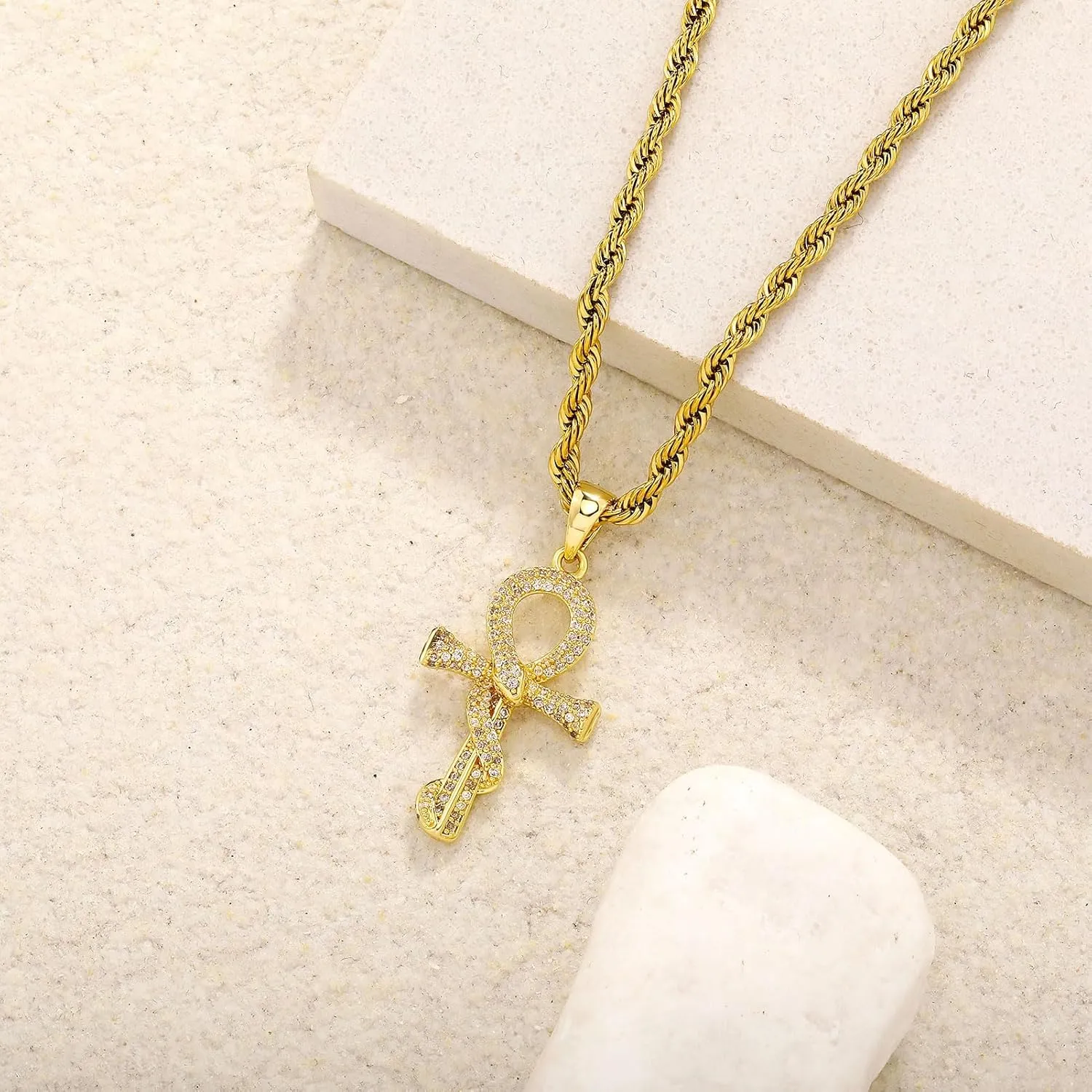 JINAO Ankh Cross Necklace for Men 14K Gold Plated - Snake Coiled Egyptian Symbol Cross Pendant with 5A Cubic Zirconia, 24" Rope Chain Men??s Jewelry