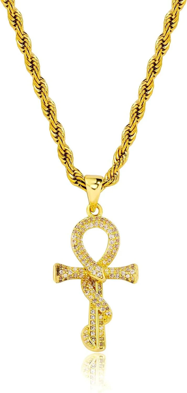 JINAO Ankh Cross Necklace for Men 14K Gold Plated - Snake Coiled Egyptian Symbol Cross Pendant with 5A Cubic Zirconia, 24" Rope Chain Men??s Jewelry