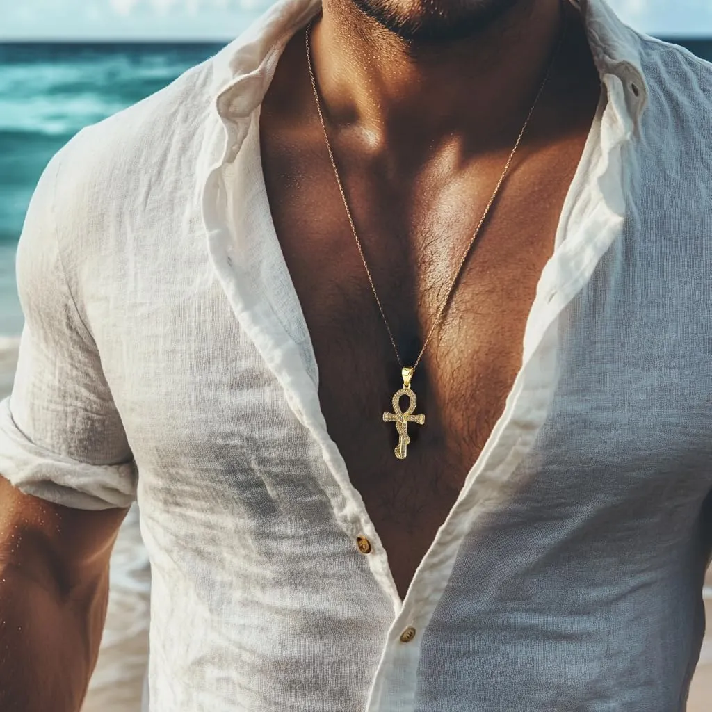 JINAO Ankh Cross Necklace for Men 14K Gold Plated - Snake Coiled Egyptian Symbol Cross Pendant with 5A Cubic Zirconia, 24" Rope Chain Men??s Jewelry