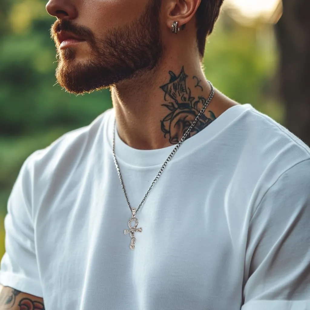 JINAO Ankh Cross Necklace for Men 14K Gold Plated - Snake Coiled Egyptian Symbol Cross Pendant with 5A Cubic Zirconia, 24" Rope Chain Men??s Jewelry